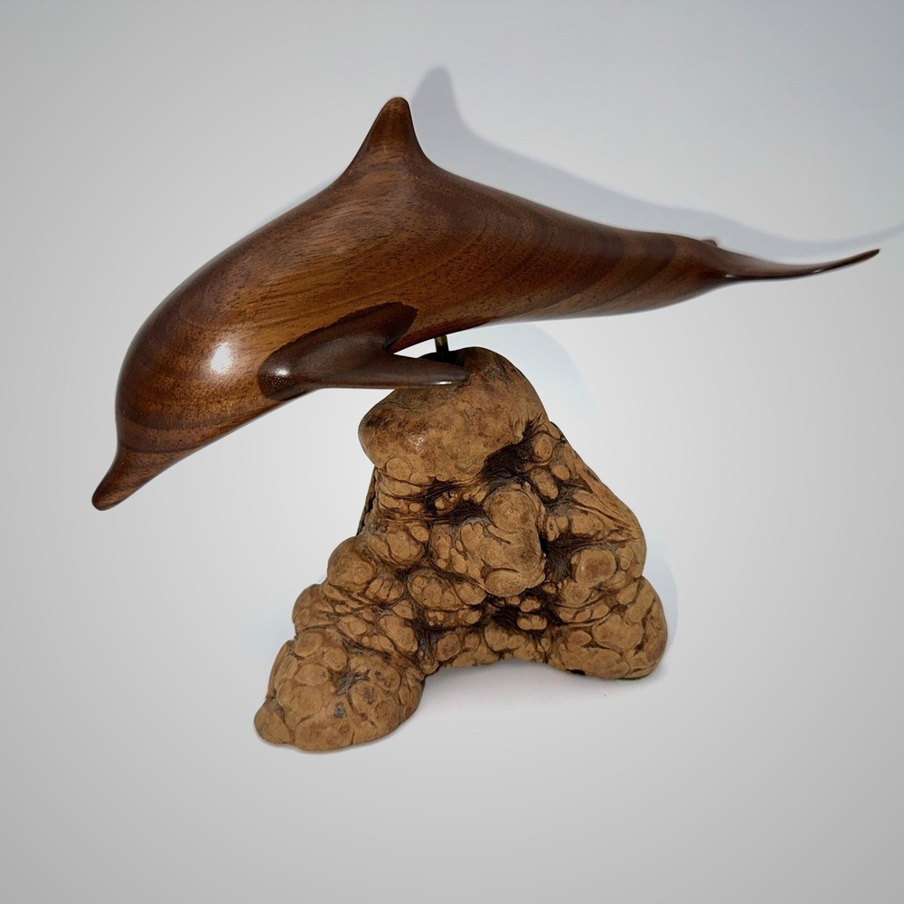 Wood‎ Dolphin Sculpture On Burl Base Studio Craft Coastal Decor Signed Mitchell